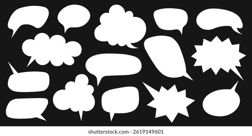 Set of cute speech bubble templates. White dialogue balloons, text boxes, quote frames, message stickers, conversation tags isolated on black background. Vector illustration.