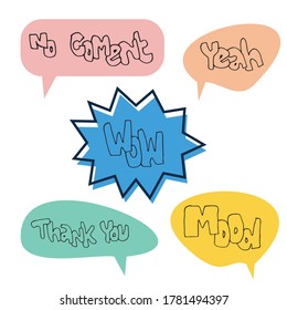 set of cute speech bubble with text in doodle style isolated on white background.
