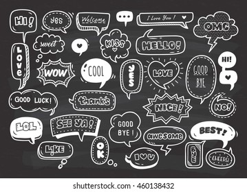 set of cute speech bubble with text in doodle style on chalkboard background