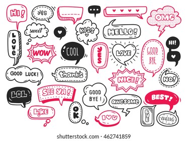 Set Of Cute Speech Bubble With Text In Doodle Style