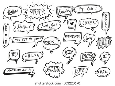 Set Of Cute Speech Bubble With Text In Doodle Style