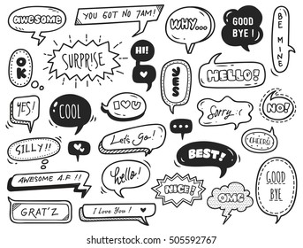 Set Of Cute Speech Bubble With Text In Doodle Style