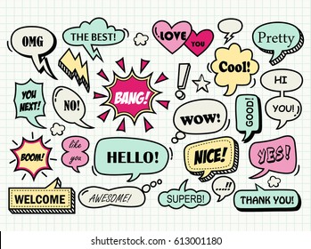 set of cute speech bubble with text in hand drawn style