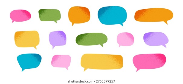 Conjunto de burbujas de discurso lindo con texturas de ruido arenoso. Globos de diálogo, cuadros de texto, pegatinas de citas, nubes de mensajes, etiquetas de ideas con sombras grunge en las esquinas. Vector ilustración de dibujos animados.