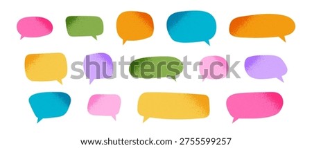 Set of cute speech bubbles with gritty noise textures. Dialogue balloons, text boxes, quotation stickers, message clouds, idea labels with grunge shadows in corners. Vector cartoon illustration.