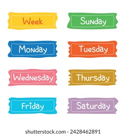 Set of cute speech bubbles with the name of the day of the week, Sunday, Monday, Tuesday, Wednesday, Thursday, Friday, Saturday. Vector.