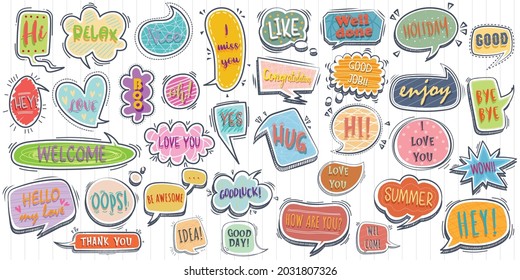 Set of cute speech bubbles with short messages. Illustrations and vectors