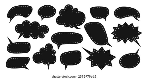 Set of cute speech bubbles with stitch border lines in doodle style. Empty dialogue balloons, textboxes, quote frames, message tags isolated on white background. Vector graphic illustration.