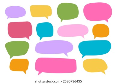 Set of cute speech bubbles templates in doodle style. Colorful dialogue balloons, text boxes, quote frames, conversation tags, thoughts labels isolated on white background. Vector flat illustration.