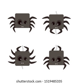 Set of cute spiders on cobweb. Black holiday icons for Halloween isolated on white background. Illustration can be used for children's holiday or clothing design, the decor of  cards and banners.