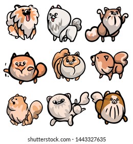 Set of cute spitz dog characters in different actions