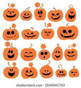 A set of cute and spooky cartoon pumpkins in various sizes, shapes, and expressions for Halloween designs, decorations, party invites, and kids’ crafts