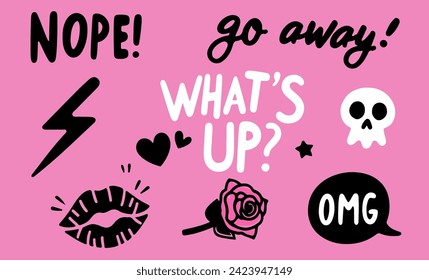 Set of cute spooky girlish illustrations with lettering phrases and hearts for pins and patches.