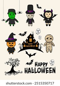 conjunto de lindo y espeluznante personaje de Halloween Clipart. Incluye un Frankenstein, una momia, un vampiro, una bruja, un fantasma y más.