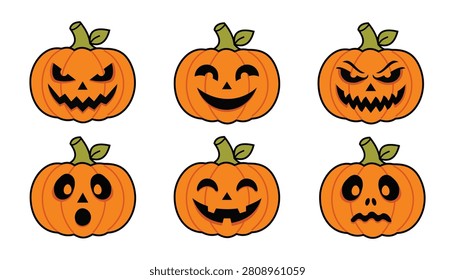 Set of cute and spooky halloween jackolantern pumpkin faces, cartoon vector illustrations with different expressions