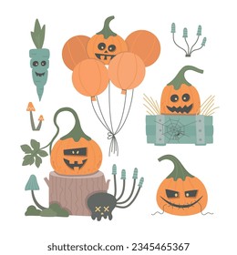 Set of cute spooky Halloween monster pumpkins. Cartoon illustration for card, party invitation, banner, web.