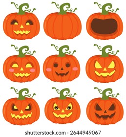 Set of cute and spooky Halloween pumpkins in various expressions, perfect for decoration, party invites, and seasonal design.