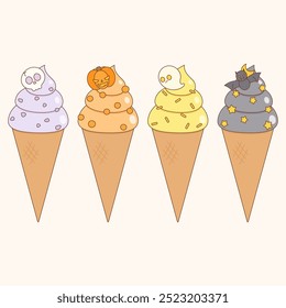 set of cute and spooky ice cream for halloween festival, vector illustration