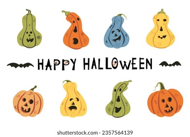 A set of cute and spooky pumpkin monsters and lettering Happy Halloween. Vector illustration