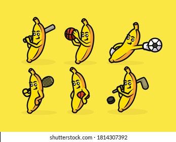 Set of cute sport banana mascot design illustration