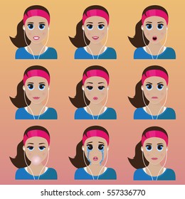 Set of cute sports girl emoticons. Various emotions of the character. Set of avatar icons. Vector illustration.