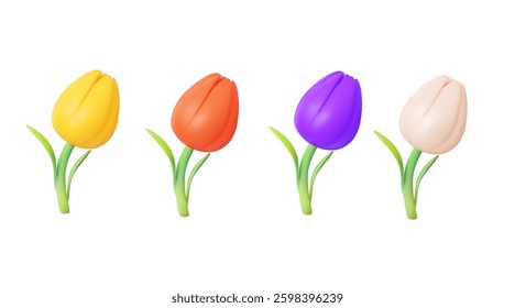 Set of cute spring 3D tulips in various colors: yellow, red, purple, and soft pink. Perfect for greeting cards, festive banners, spring designs, and floral projects. Vector 3D illustration.