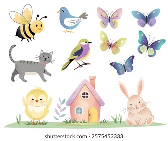 Set of cute spring animals in watercolor style. Fairy house, spring holidays. Childlike spring elements in pastel colors.