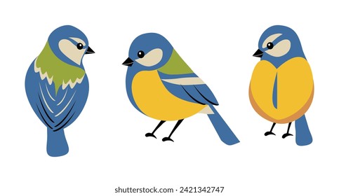 Conjunto de lindos pájaros primaverales, teta azul aislada en un fondo blanco. Ilustración vectorial al estilo de las caricaturas planas.