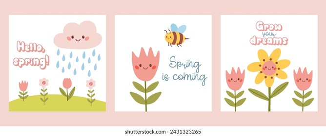 Conjunto de lindas tarjetas de primavera con flores, abejas, nubes de lluvia y elementos.