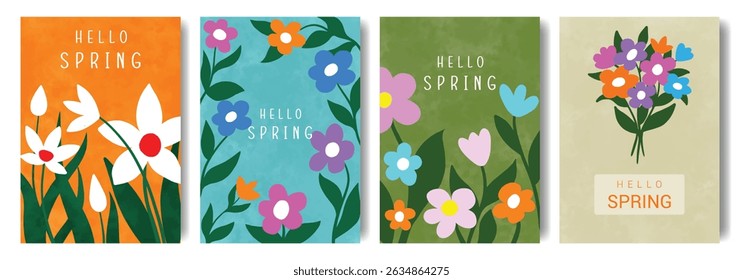Set of Cute Spring cards or posters for the spring holiday with wildflowers, tulips, daisies. Hand drawn floral art templates for Women Day, Birthday, Mothers Day, Easter greetings, summer background