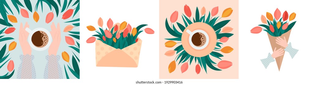 Set of cute spring cards with tulips. Suitable for greeting card, poster, invitation, cover.