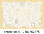 Set of cute spring easter cottagecore illustrations. Farmhouse elements, bows, ribbon, bouquet, flowers, goose, chicken. Gardening, countryside lifestyle. Summer village. Vector cottage core graphic