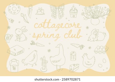 Set of cute spring easter cottagecore illustrations. Farmhouse elements, bows, ribbon, bouquet, flowers, goose, chicken. Gardening, countryside lifestyle. Summer village. Vector cottage core graphic