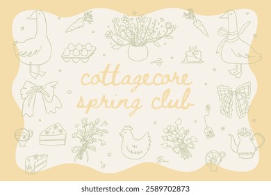 Set of cute spring easter cottagecore illustrations. Farmhouse elements, bows, ribbon, bouquet, flowers, goose, chicken. Gardening, countryside lifestyle. Summer village. Vector cottage core graphic