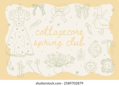 Set of cute spring easter cottagecore illustrations. Farmhouse elements, bows, ribbon, bouquet, flowers, goose, chicken. Gardening, countryside lifestyle. Summer village. Vector cottage core graphic