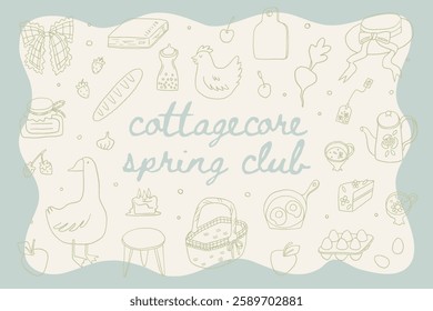 Set of cute spring easter cottagecore illustrations. Farmhouse elements, bows, ribbon, bouquet, flowers, goose, chicken. Gardening, countryside lifestyle. Summer village. Vector cottage core graphic