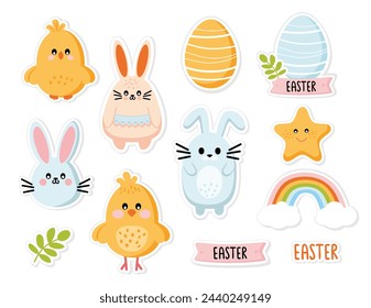 Set of cute spring Easter stickers with bunnies, eggs and chickens on white isolated background. Traditional Easter decorations. Vector illustration in eps 10