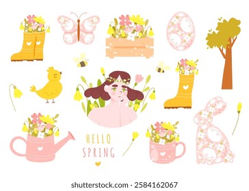 Set of cute spring and Easter vector elements isolated on white background - flowers in watering can, rubber boots, girl surrounded by flowers, floral bunny and egg, baby chicken, tree