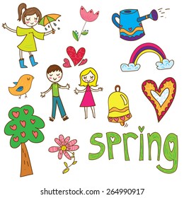 Set of cute spring elements, people and objects