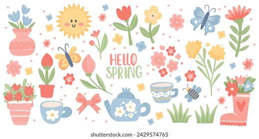 Set of Cute Spring elements. Springtime Hand Drawn Flowers, Butterfly, Plant and other. Cottagecore Aesthetic Stickers