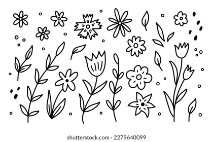 Set of cute spring flowers and branches isolated on white background. Vector hand-drawn illustration in doodle style. Perfect for cards, decorations, various designs. Cartoon botanical elements.