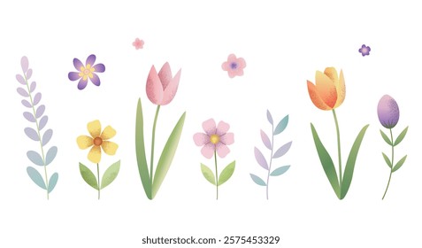 Set of cute spring flowers. Spring floral collection with tulips, daisies, branches. Easter, spring holidays.