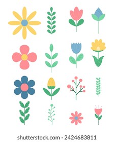 set of cute spring flowers and leaves in flat style on white. Kids style. vector illustration