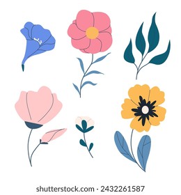 set with cute spring flowers and leaves in flat style. Spring summer flower collection with leaves, floral bouquets. Elements design for fabric, wrapping, textile, wallpaper. Folk style. Poster