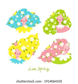 Set of cute spring girls drawings with white daisy flowers in hair. Springtime holiday colorful hand drawn vector illustration.