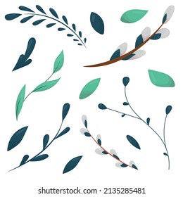 set of cute spring green twigs and leaves, cute vector illustration for a card, invitation, souvenir on a white background