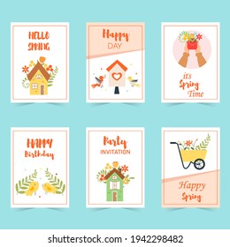 Set of cute spring greeting cards with houses, a letter, birds, a garden cart. Vector illustration.