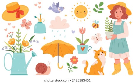 Set of cute spring illustrations. Hand draw. Flowers, umbrella, girl, cat, garden, sun. Flat design.