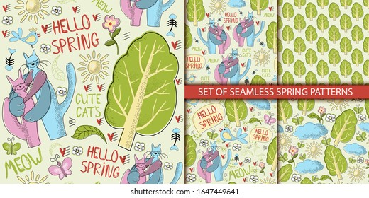 A set of cute spring patterns. Spring cats. Funny photos with animalistic pictures. Hello spring. seamless background with loving cats, birds, hearts, fish, and inscriptions. vector.