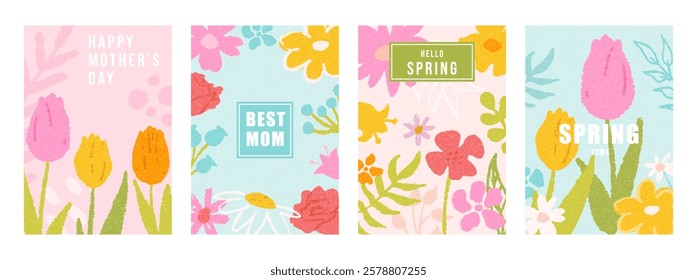 Set cute spring posters, cards for Happy Mothers Day and birthday in trendy hand drawn style. Flowers and plants. Vector design, decor, print